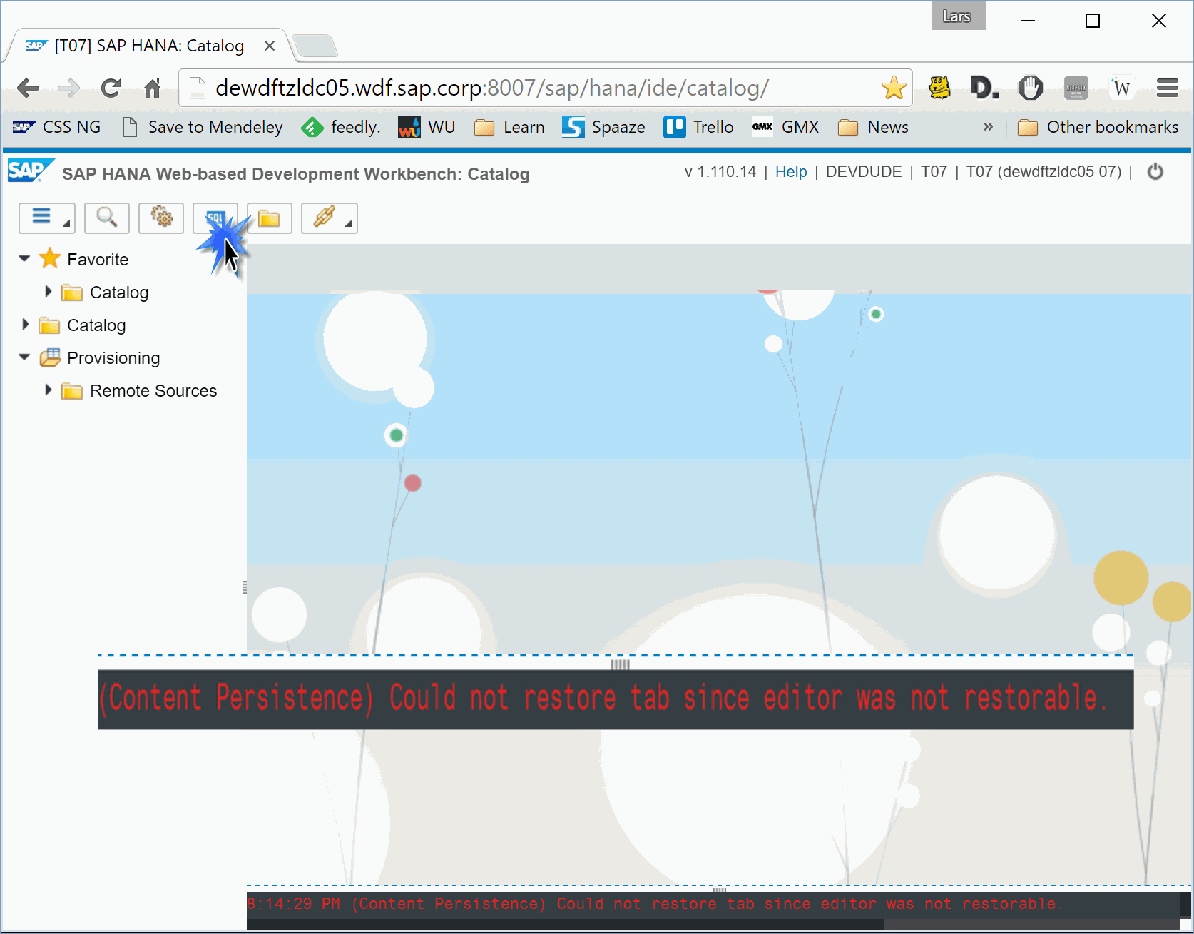 Screenshot showing error message: '(Content Persistence) Could not restore tab since editor was not restorable.'