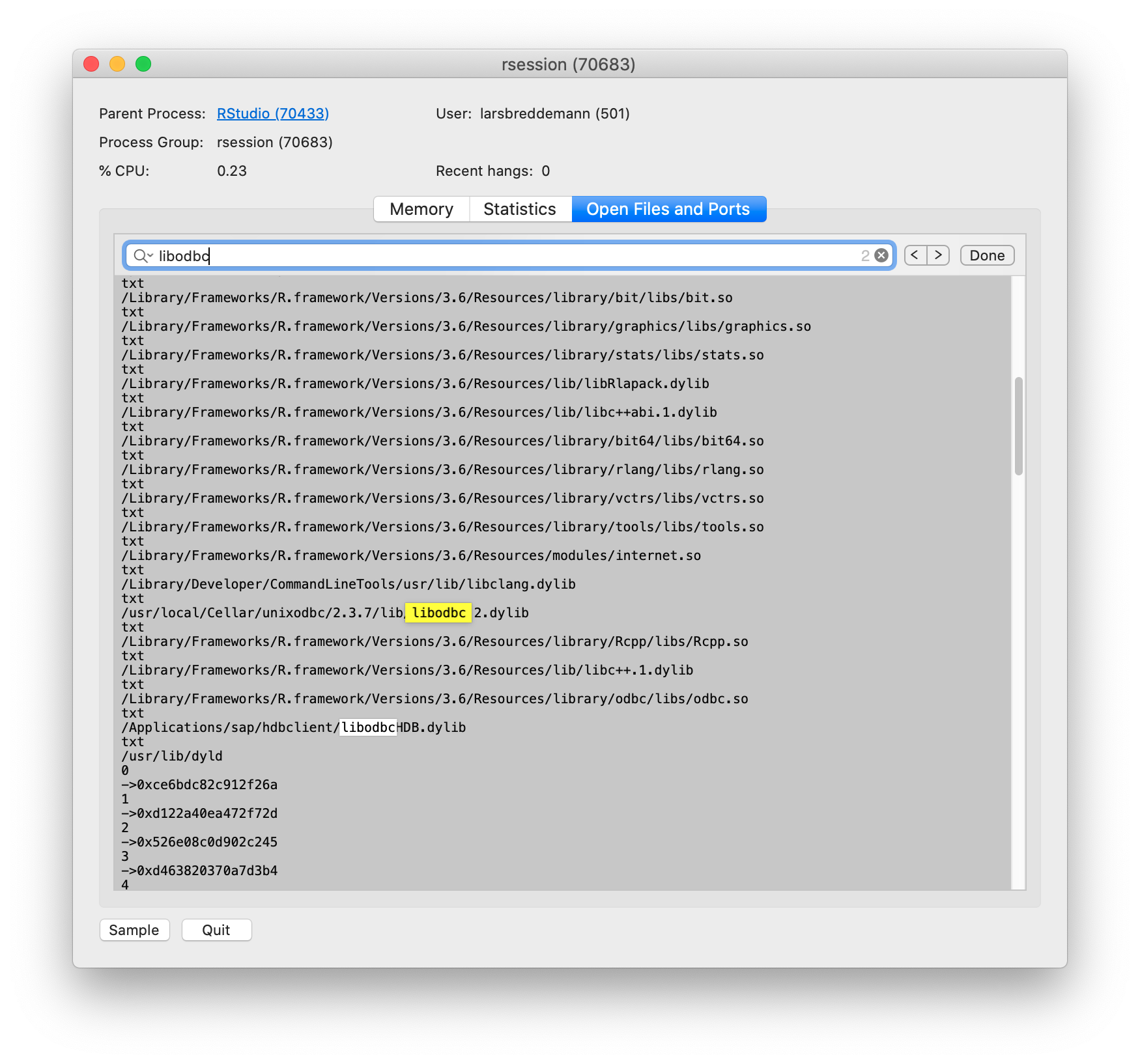 macOS activity monitor detail page showing the Open Files and Ports tab. The search bar is open and 'libodbc' is the search term. The text area shows the two found hits.