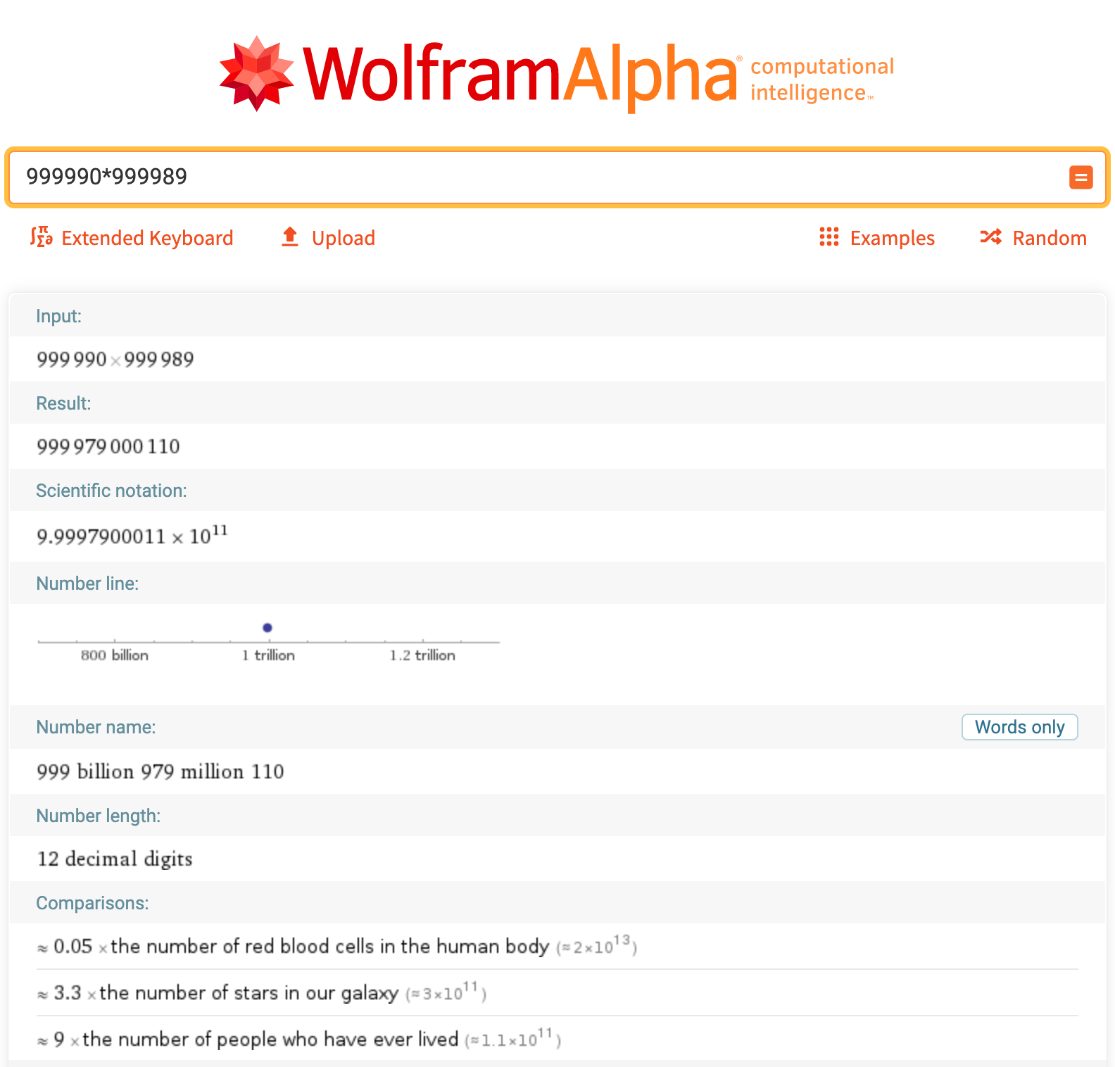 WolframAlpha showing the result of multiplying 999.990 by 999.989 = 999.979.000.110.