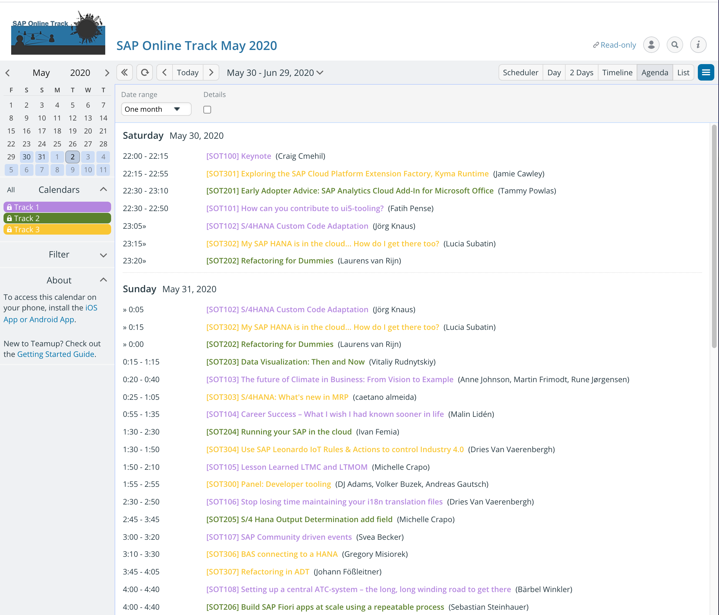 SAP Online Track May 2020 list of session on teamup.com.